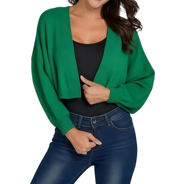 Women's Green Cropped Open-Front Cardigan