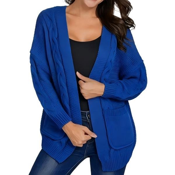 Women's Blue Cable-Knit Open-Front Cardigan with Pockets