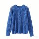 Women's Blue Openwork Cable Knit Sweater - Lightweight Casual Pullover