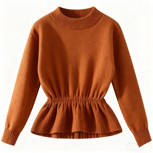 Women's Brown Peplum Waist Crew Neck Sweater - Flattering Casual Pullover