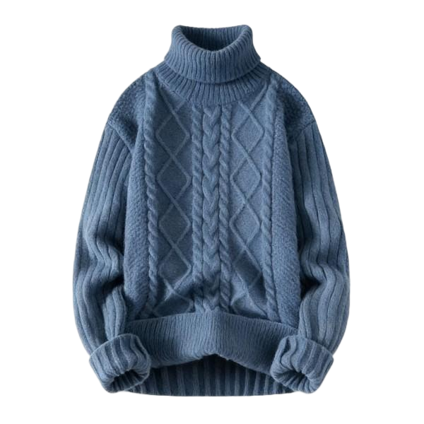Slate Blue Turtleneck Cable-Knit Sweater