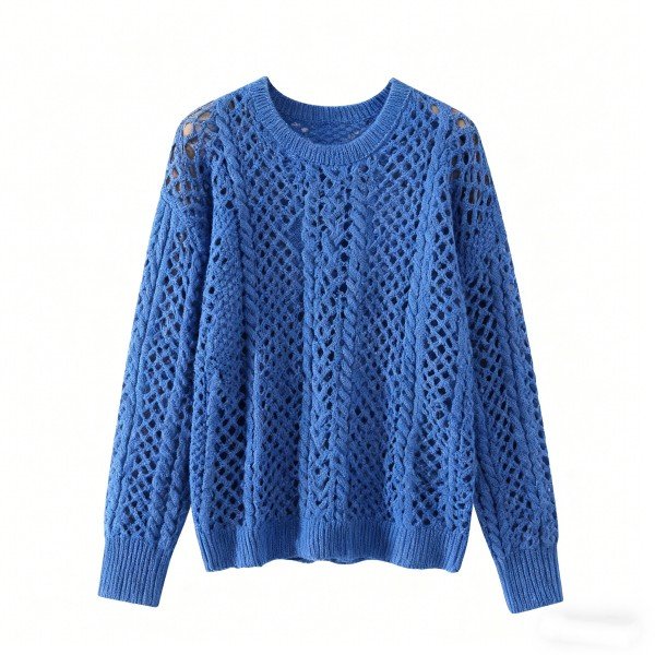 Women's Blue Openwork Cable Knit Sweater - Lightweight Casual Pullover