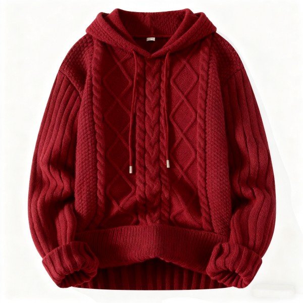 Women's Burgundy Cable Knit Hooded Sweater - Warm Casual Hoodie