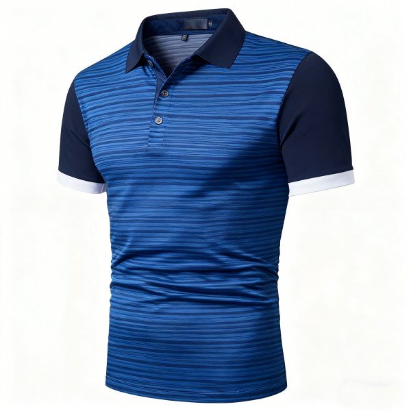 Men's Blue Striped Color-Block Polo Shirt